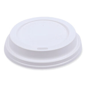 A Deerfield Hot Cup Lid, designed for 10oz - 16oz cups, white and made of plastic, featuring a small drinking slot on one side. Each pack contains 50 lids and there are 20 packs per carton.