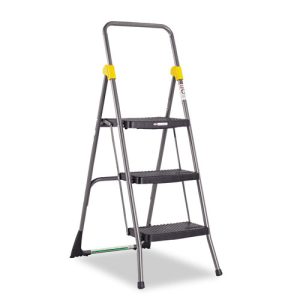 Commercial 3-Step Folding Stool, 300lb Capacity, measuring 20 1/2 inches wide by 32 5/8 inches deep by 52 1/8 inches high, with a gray frame and black steps, featuring a yellow safety lock at the top.