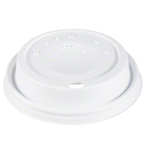 A 12oz CAPPUCCINO DOME SIPPERLID in white plastic, featuring a small drinking hole and various embossed markings, available in a case of 1000 pieces and designed to fit model 12J12.