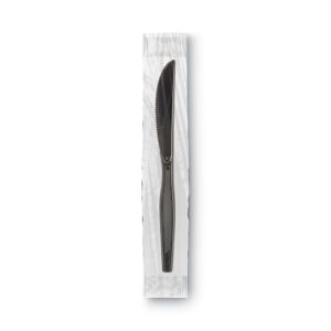 The Grab'n Go Wrapped Cutlery, Black Knives (90 per box) are individually sealed in clear plastic sleeves and are displayed vertically against a plain white background.