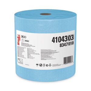 A jumbo roll of blue industrial cleaning wipes labeled "WYPALL POWER CLEAN X80 HD CLOTHS" with the product number 4104303 and barcode, containing 475 wipes per roll. The label includes various icons and product information.