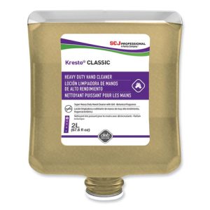 A 2-liter cartridge refill of KRESTO Classic Heavy Duty Hand Cleaner with Fougere Scent from SC Johnson Professional, featuring bilingual labeling in English and Spanish.